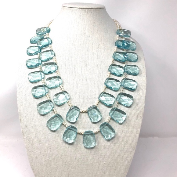 Blue crystals, cultured pearl statement necklace - Picture 4 of 8